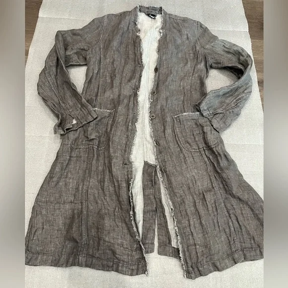 [M]Eileen Fisher Dark Gray Irish Linen LS Fringe Button Duster Cardigan Jacket - Picture 2 of 11